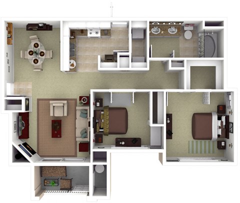 Floor plan for 2 beds, 1 bath, 970 sqft
